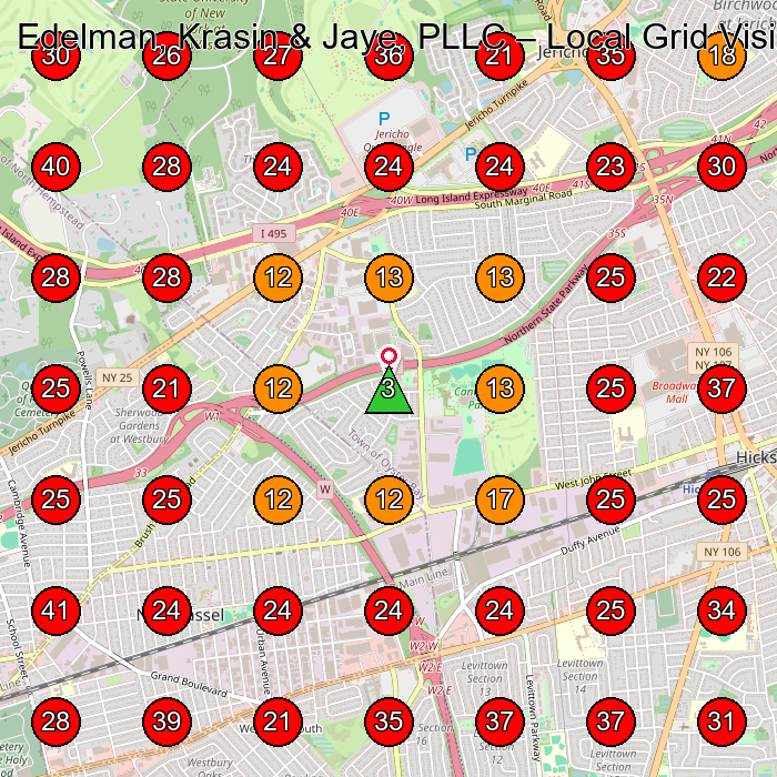 Edelman, Krasin & Jaye, PLLC GeoGrid visibility map for Law Firm in Westbury